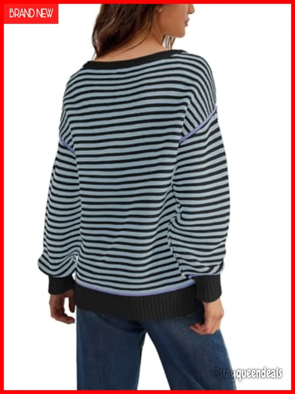 Striped Oversized Chunky Cable Knit Pullover Sweater Boat Neck Long Sleeve